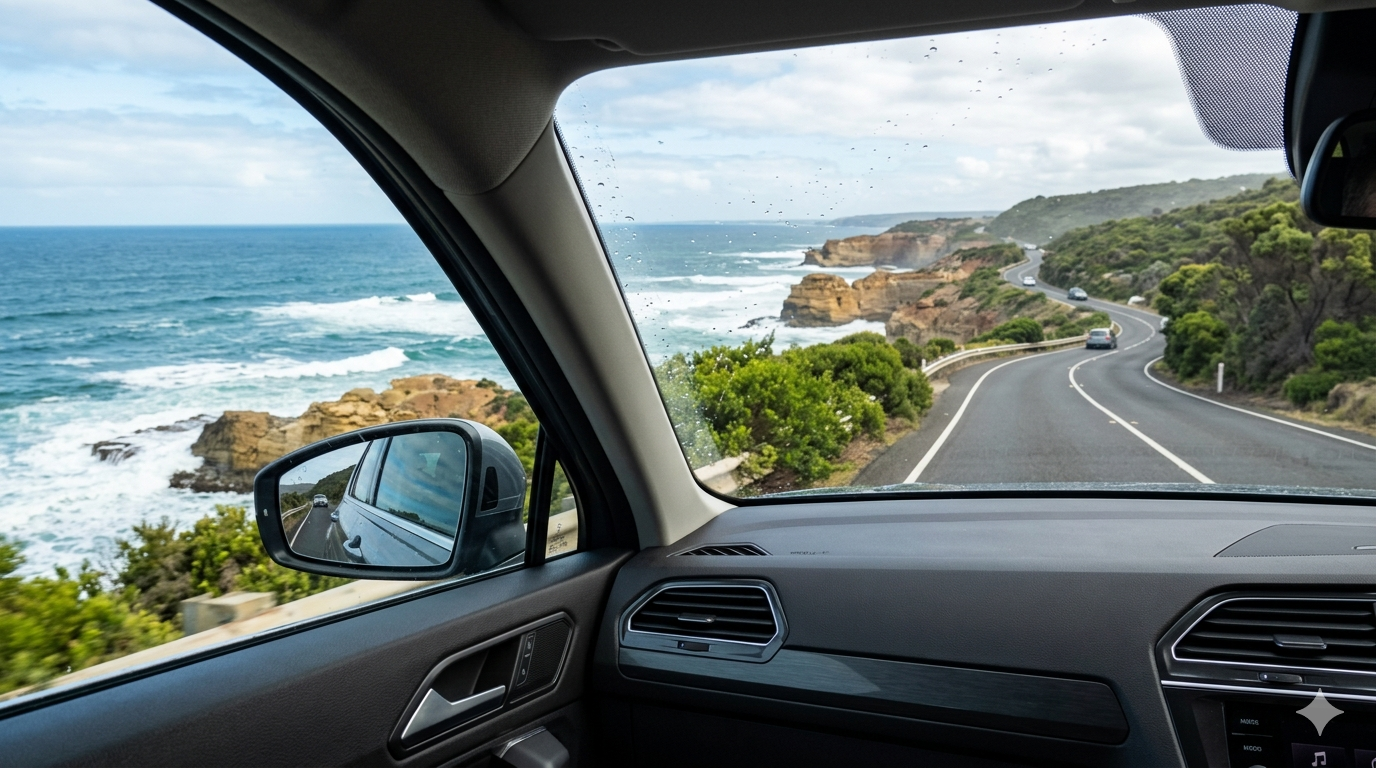 Coastal road view from a car